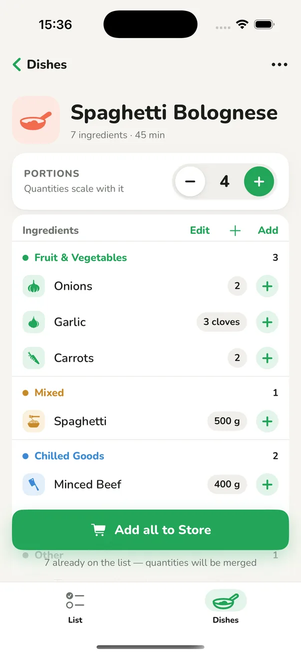 Der Gerichte-Bildschirm der sAssist-App mit gespeicherten Gerichten und ihren Zutaten.