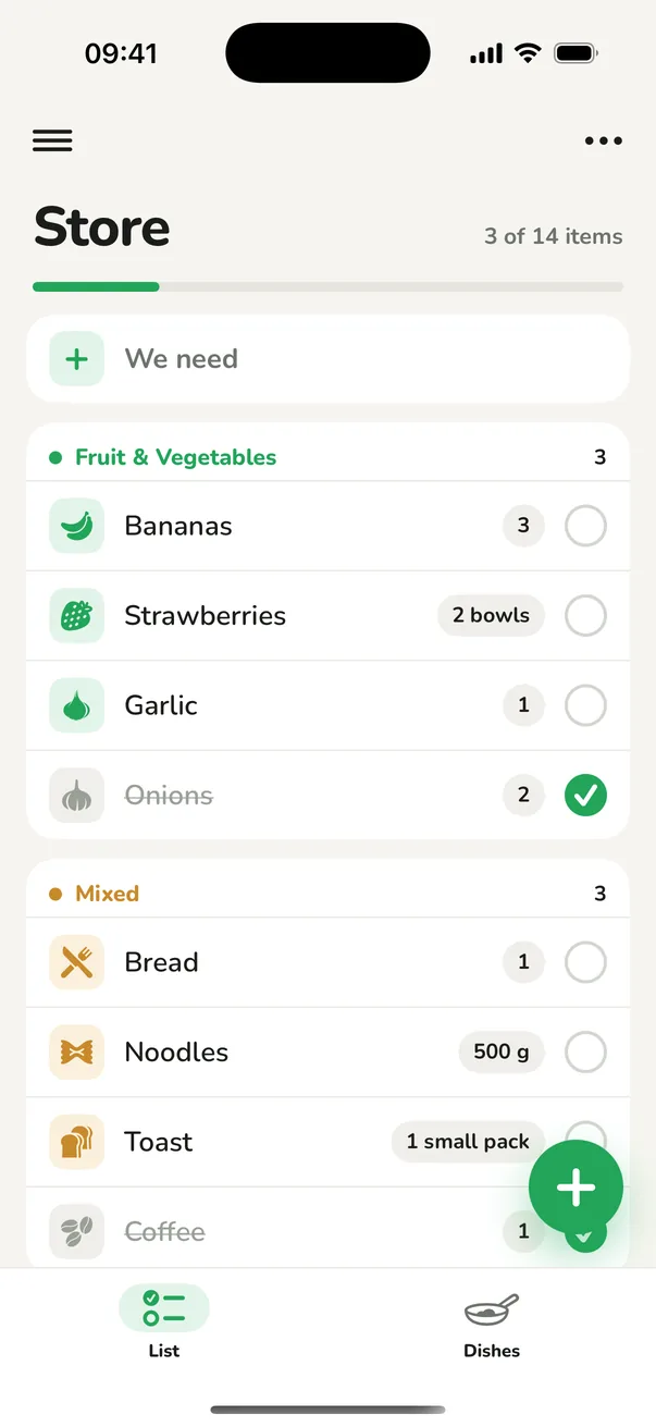 Die sAssist-App auf einem iPhone: eine nach Kategorien wie Obst & Gemüse sortierte Einkaufsliste.